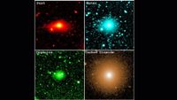 Four images arranged in a square show a red, blue, green and yellow tint to similar photographs of interstellar comet 3I/ATLAS, a glowing ball of light in the middle of each of the four images. The images from top left to bottom right are labeled as: dust, water, organics and carbon dioxide