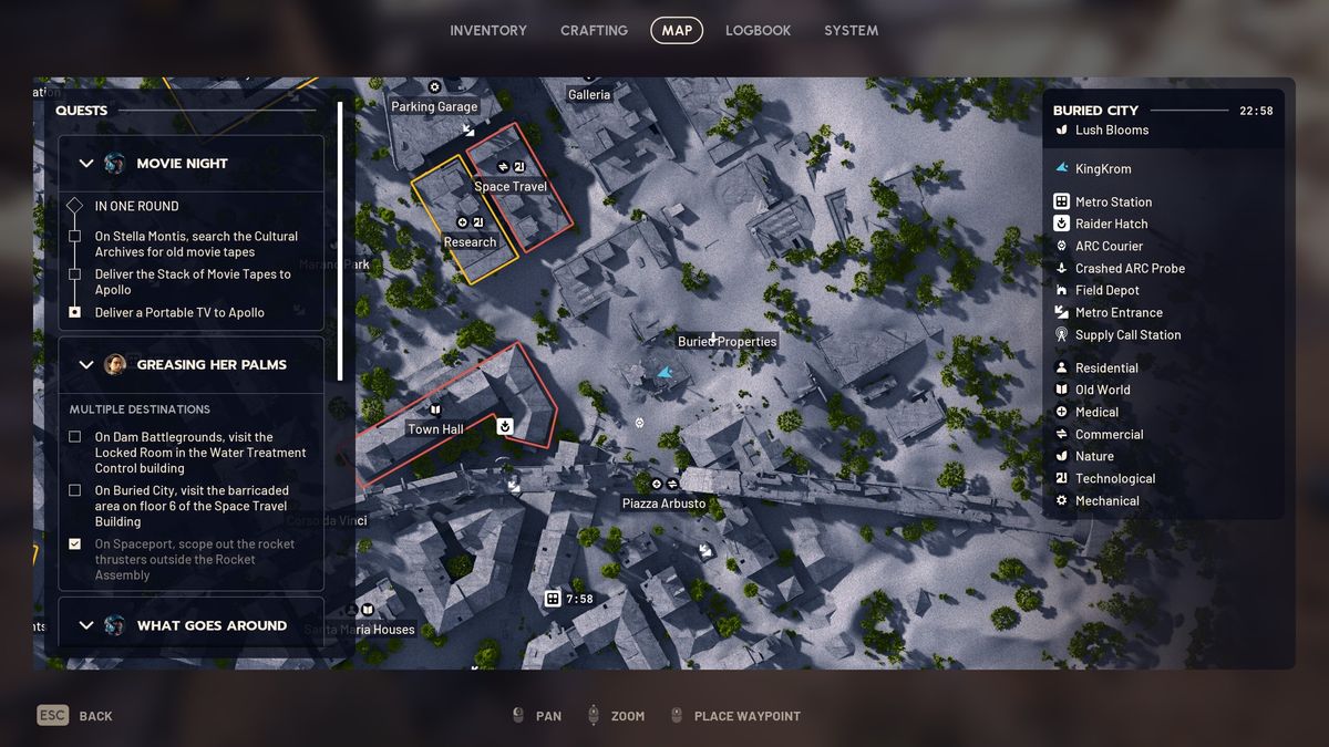Arc Raiders Movie Night: A map showing the player's location in Buried City, where you can find a Portable TV.