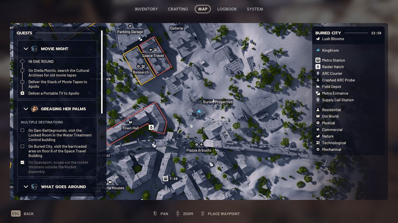 Arc Raiders Movie Night: A map showing the player's location in Buried City, where you can find a Portable TV.