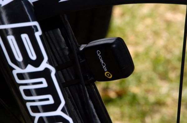 One of the CycleOps sensors on the fork.