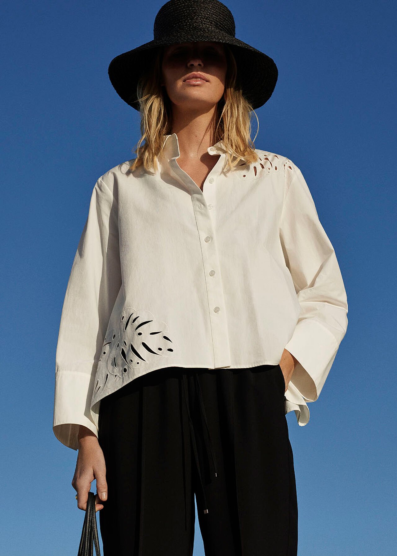 White Leaf Embroidered Cotton Shirt