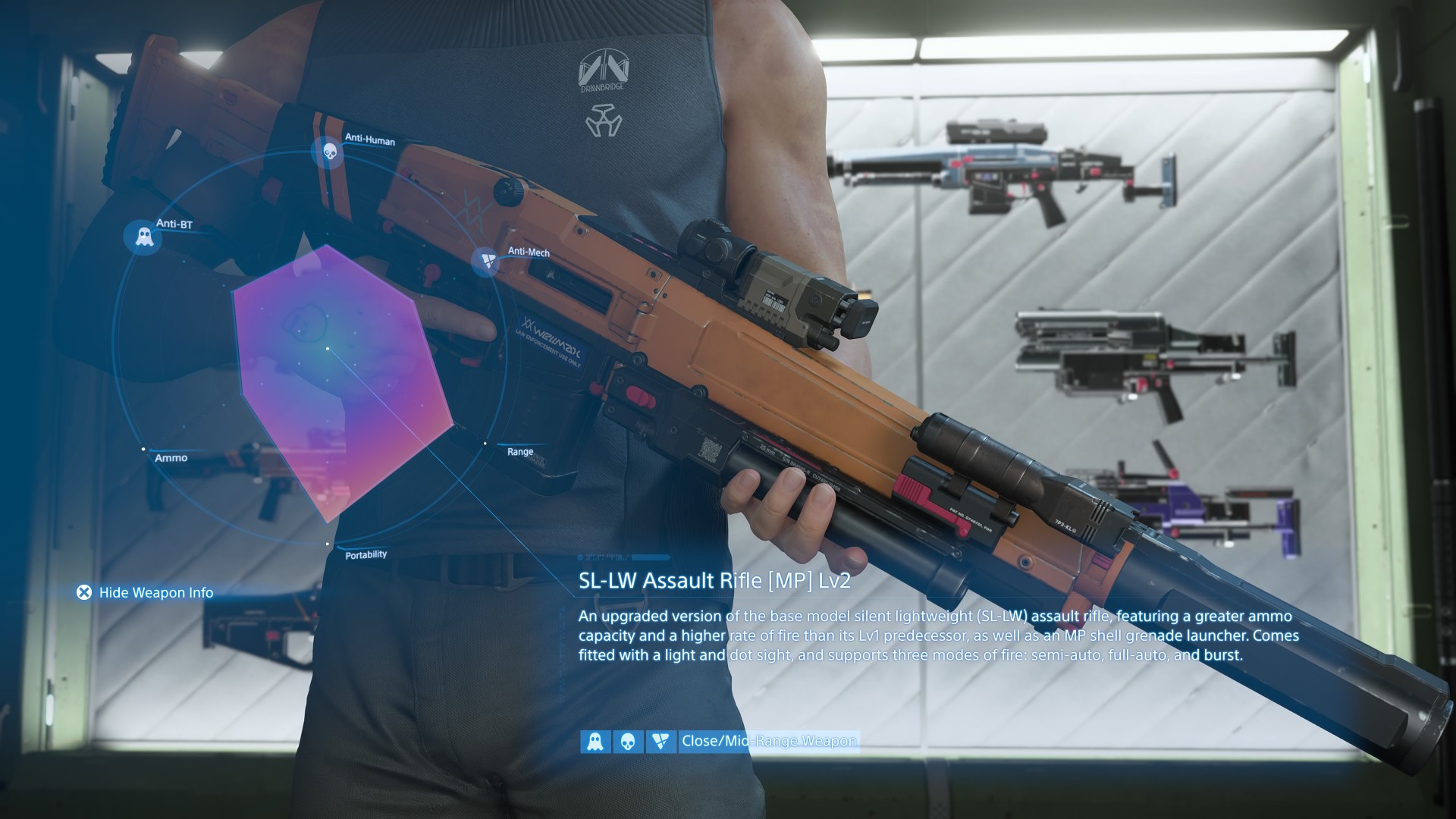 The silenced assault rifle, level 2, one of the best weapons for fighting mechs in Death Stranding 2