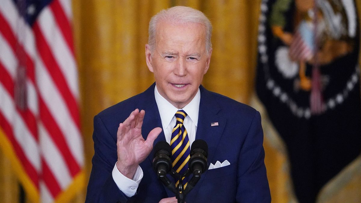 President Joe Biden speaks during a press conference on the eve of his first year in office, from the East Room of the White House in Washington, DC on January 19, 2022.