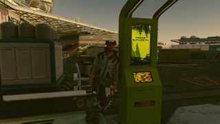 A ship technician leaning against a Trade Authority kiosk in Starfield.