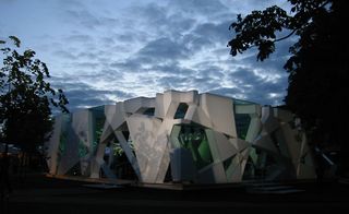 Abstract, angular building at dusk