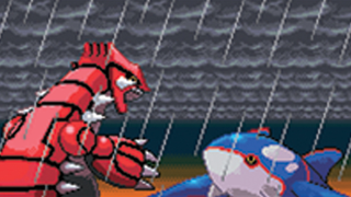 Two pokemon facing off in the rain