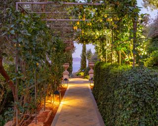 pergola covered in climbers on terrace level of a mediterranean garden leading to large stone urn