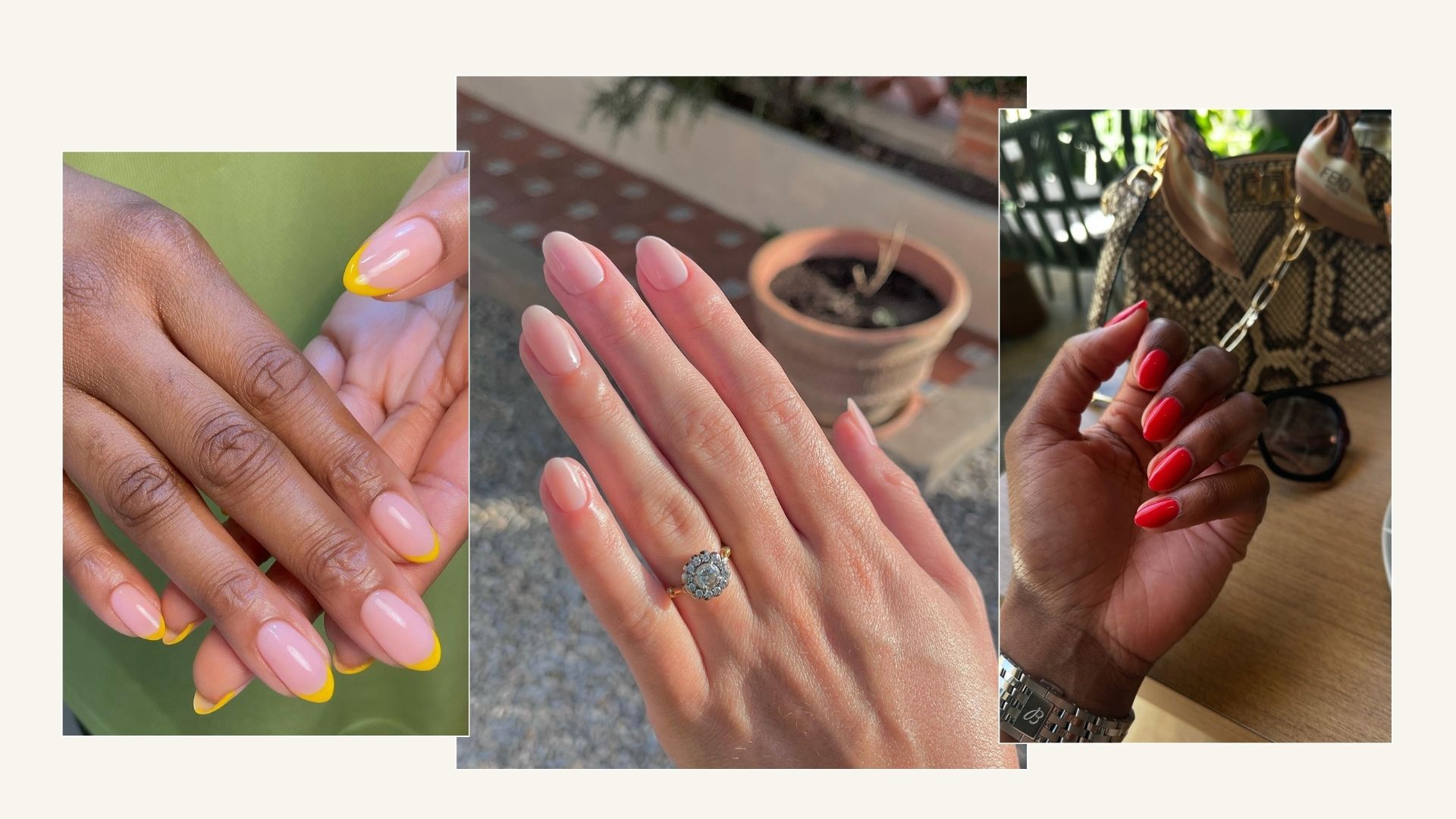 a collage of short almond nail designs