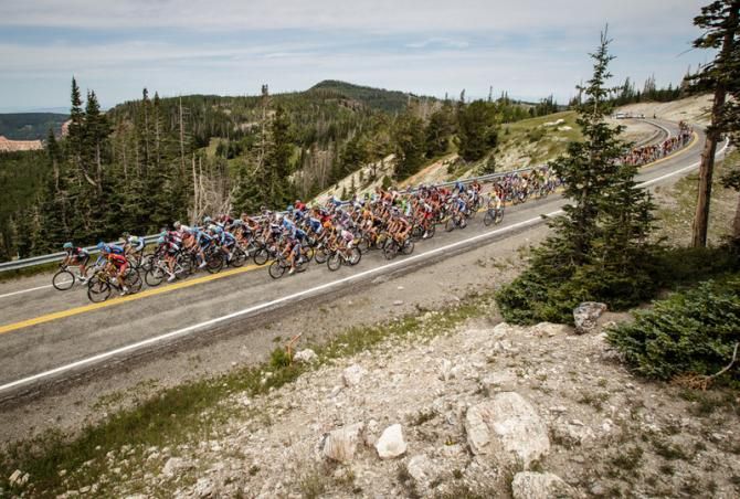 The peloton gets rolling on the way out of Brian Head.