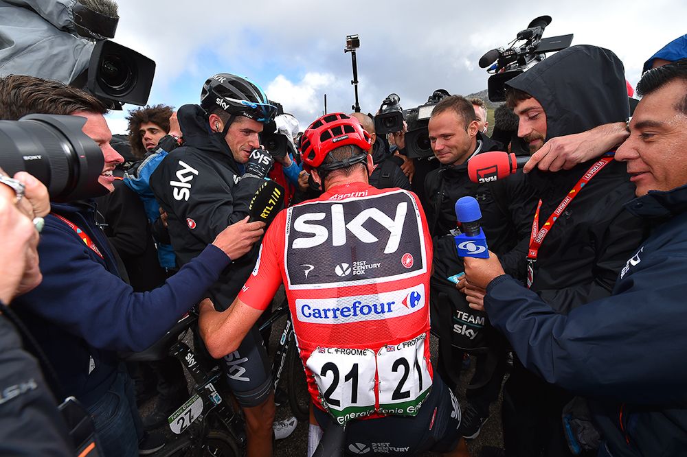 Chris Froome meets the press after the stage