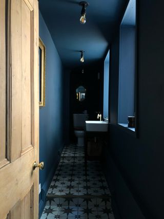 A bathroom bathed in blue