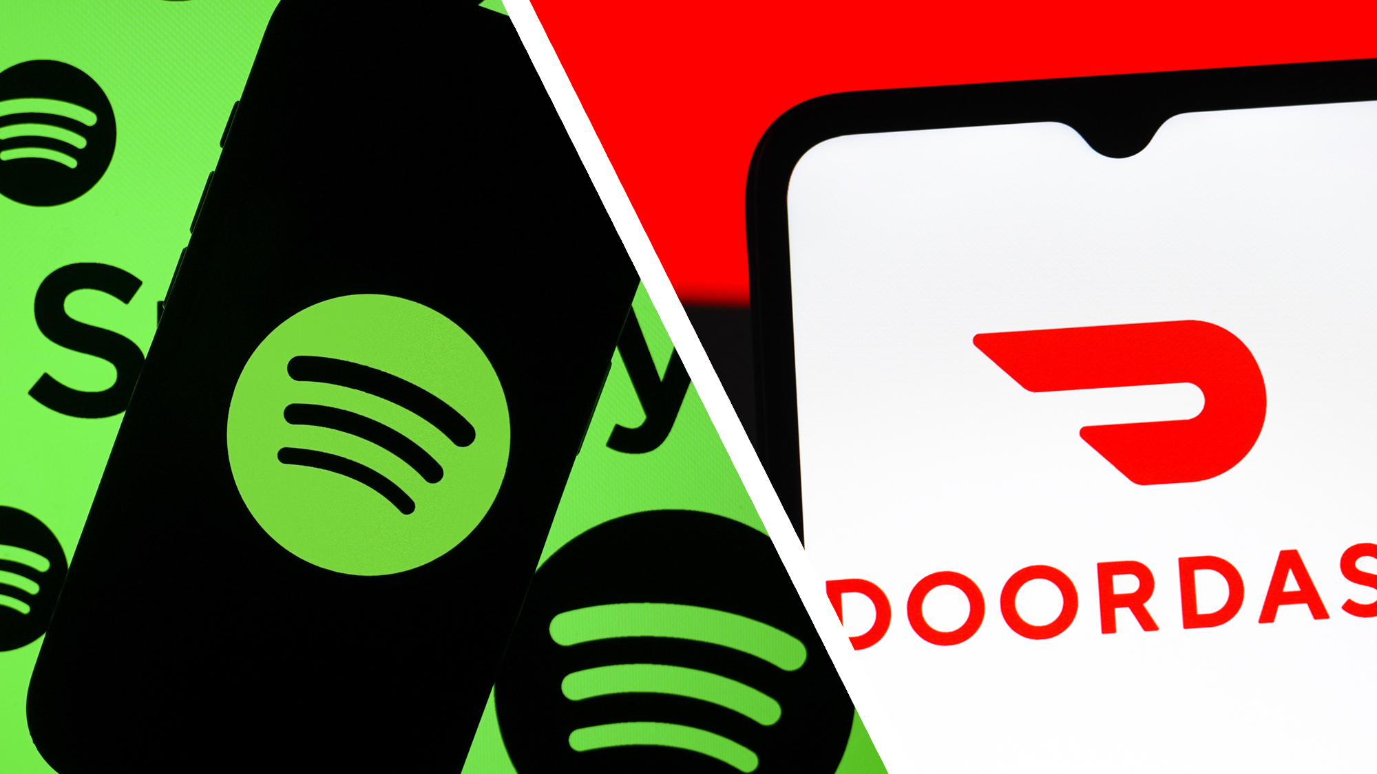 A phone showing the Spotify logo next to a phone showing one for DoorDash.