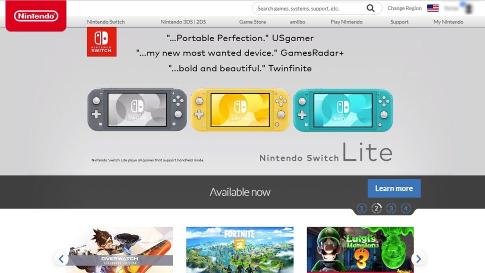 Captura de pantalla de la página de inicio de Nintendo