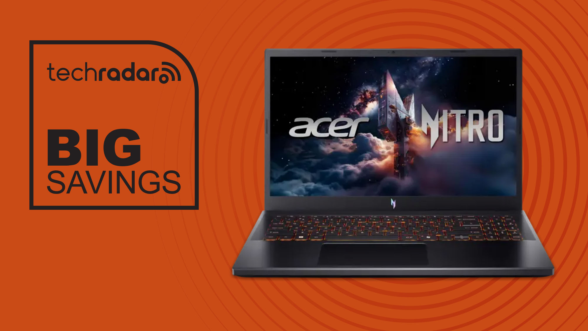 Acer Nitro V 15.6-Inch Gaming Laptop with RTX 5050 on orange background with TechRadar big savings sign