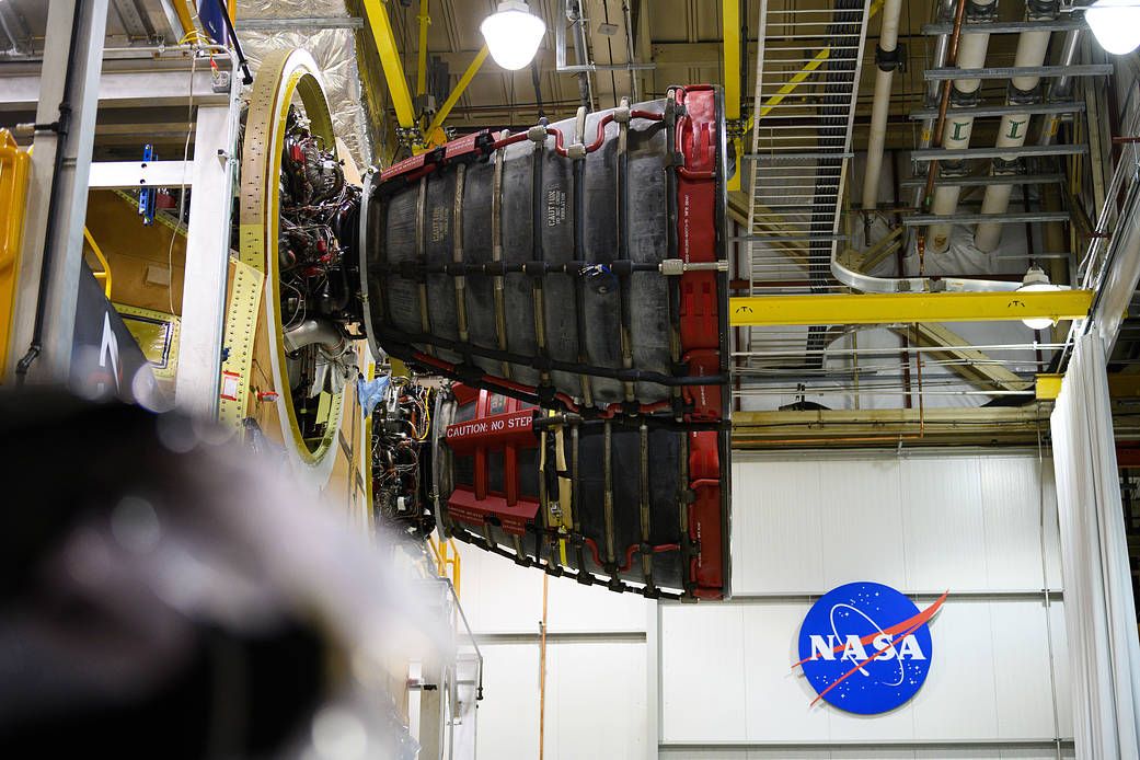 The first core stage of NASA's Space Launch System rocket is seen with it's second RS-25 rocket engine.