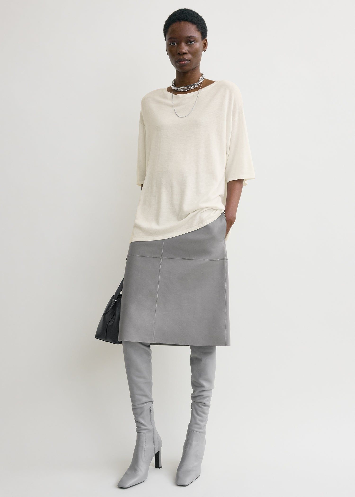 Paneled Leather Skirt Grey
