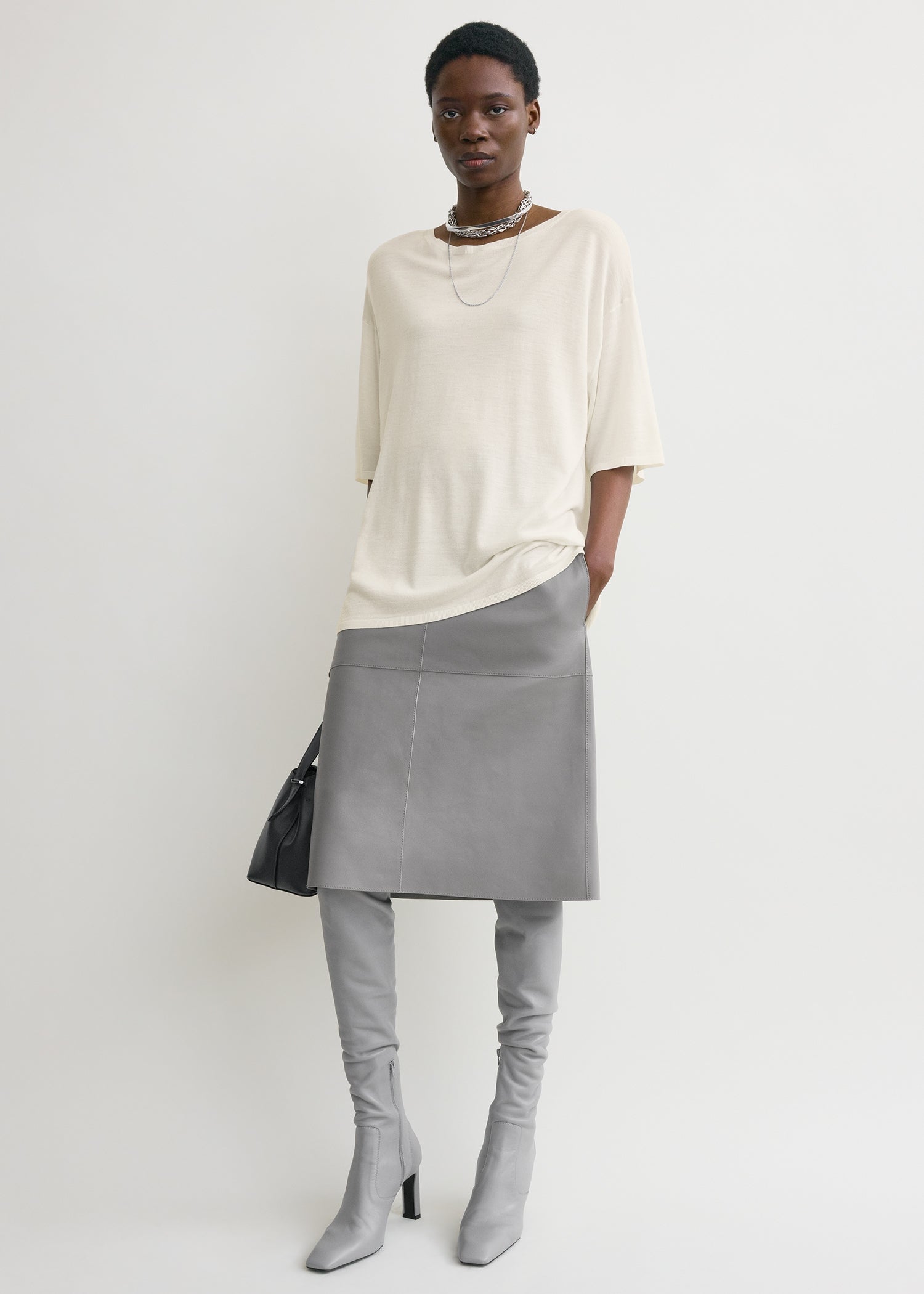 Paneled Leather Skirt Grey