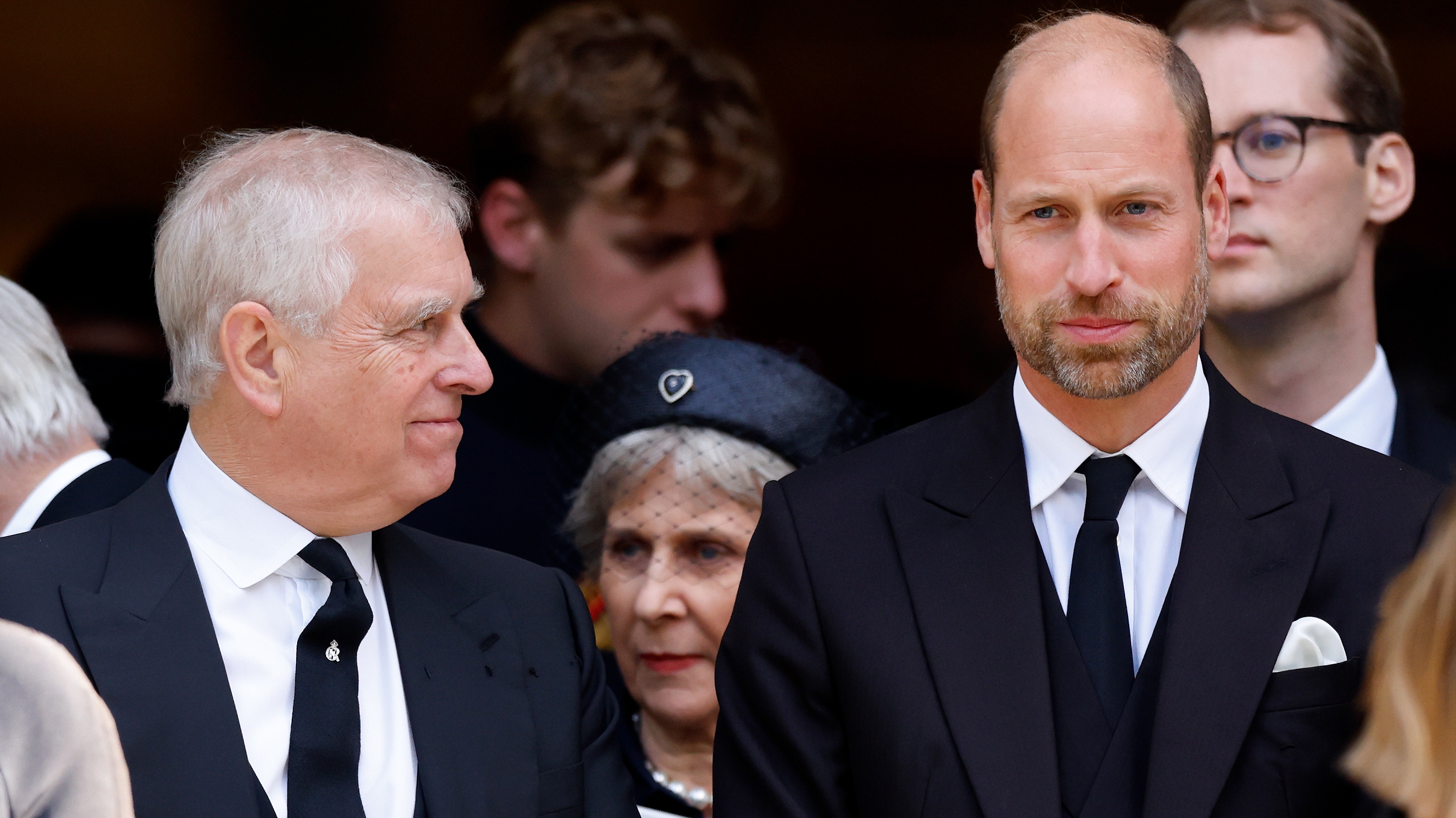 Prince Andrew looks at Prince William as they attend Katharine, Duchess of Kent&#039;s Requiem Mass service at Westminster Cathedral on September 16, 2025