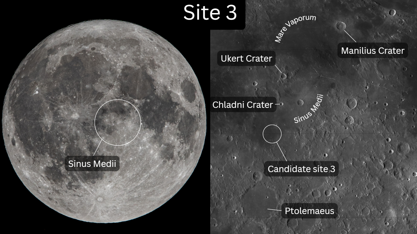 Two images, the left being a close up of the whole moon and the right showing specific areas of its surface with labels