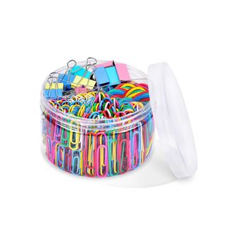 A box of colorful paper clips