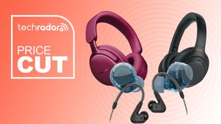 Bose, Sony and Sennheiser headphones on an orange and white gradient background with "price cut" text in white.