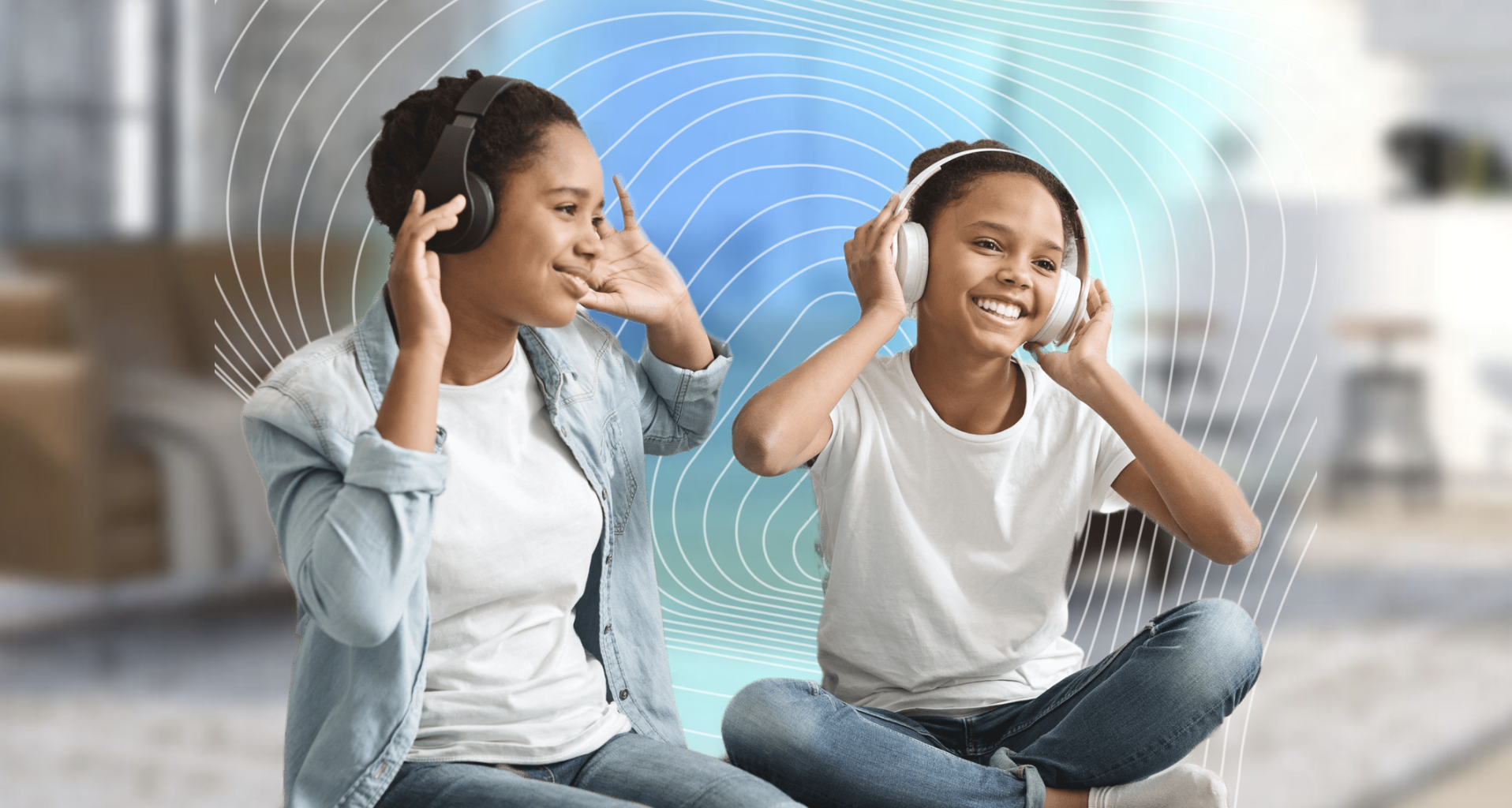 Bluetooth Auracast being shared by two children, on over-ear wireless headphones