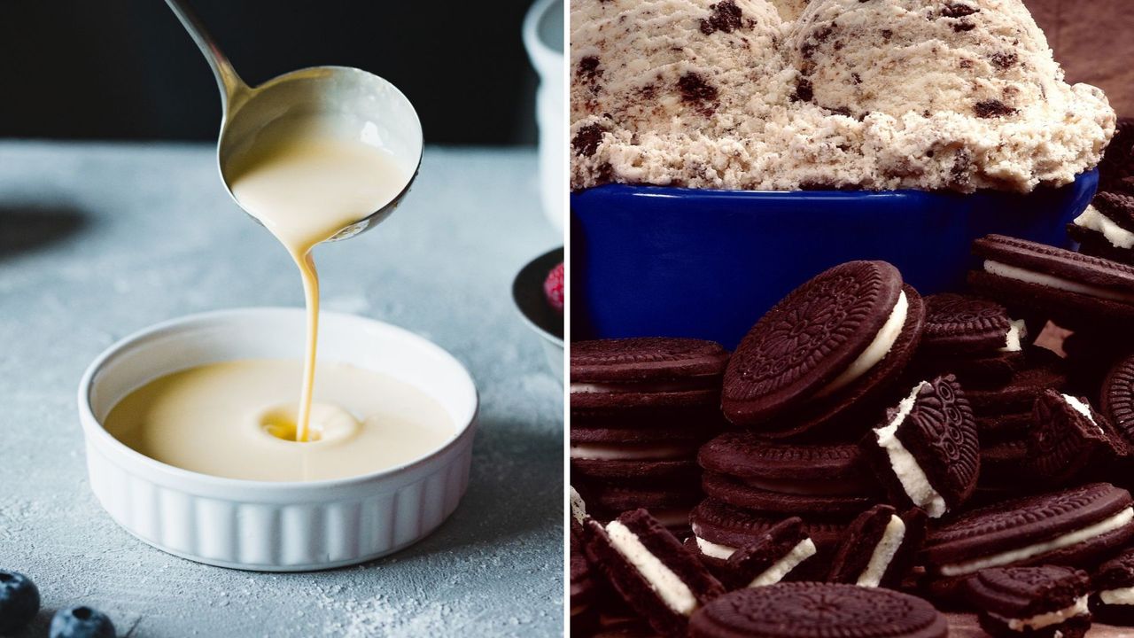 (L) a bowl of custard, (R) Oreo cookies 