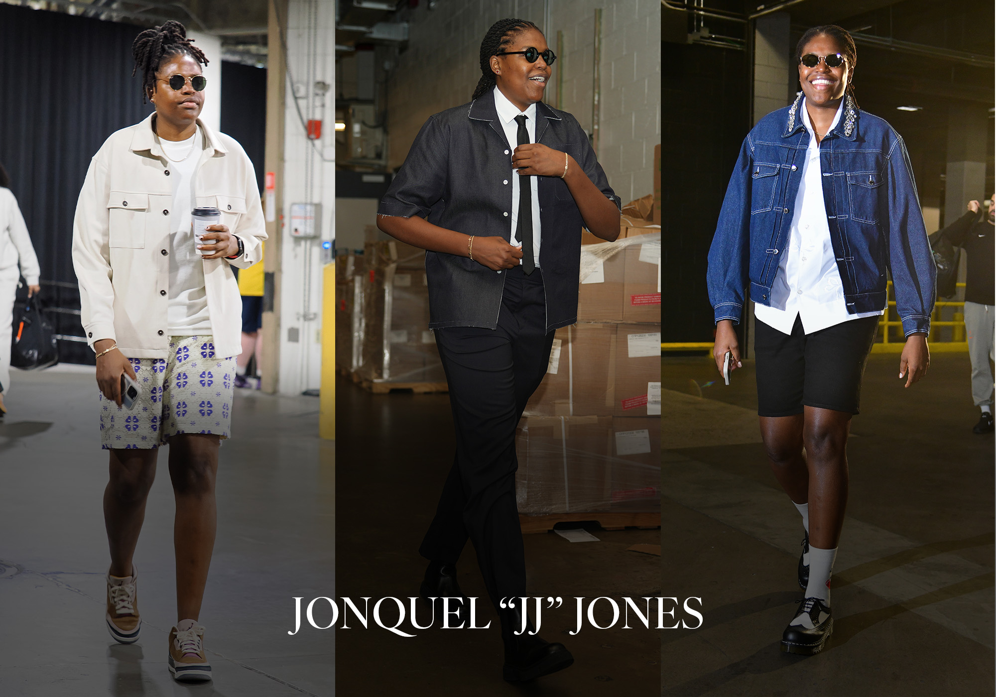 Three tunnel photos of Jonquel Jones with her name on top in white, capital, serif letters.