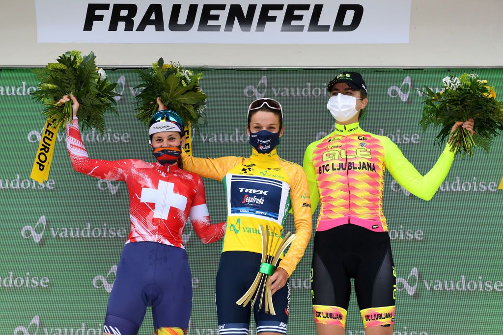 FRAUENFELD SWITZERLAND JUNE 06 Elise Chabbey of Switzerland and Team Canyon SRAM Racing 2nd place Elisabeth DeignanArmitstead of United Kingdom and Team Trek Segafredo yellow leader jersey Marlen Reusser of Switzerland and Ale Btc Ljubljana Team 3rd place celebrates at podium during the 1st Tour de Suisse Women 2021 Stage 2 a 98km stage from Frauenfeld to Frauenfeld tourdesuisse tds tdswomen on June 06 2021 in Frauenfeld Switzerland Photo by Tim de WaeleGetty Images