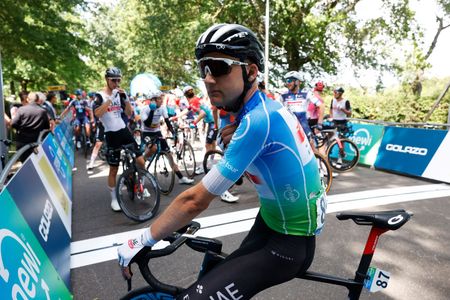 BILZEN BELGIUM AUGUST 27 Tim Wellens of Belgium and UAE Team Emirates Blue Leader Jersey and the peloton stopped at the finish line to protest as riders deem the course as being too dangerous during the 19th Renewi Tour 2023 Stage 5 a 1873km stage from Riemst to Bilzen UCIWT on August 27 2023 in Bilzen Belgium Photo by Bas CzerwinskiGetty Images
