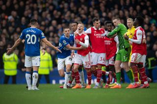 Arsenal and Everton players clash at the end of their last meeting at Goodison Park