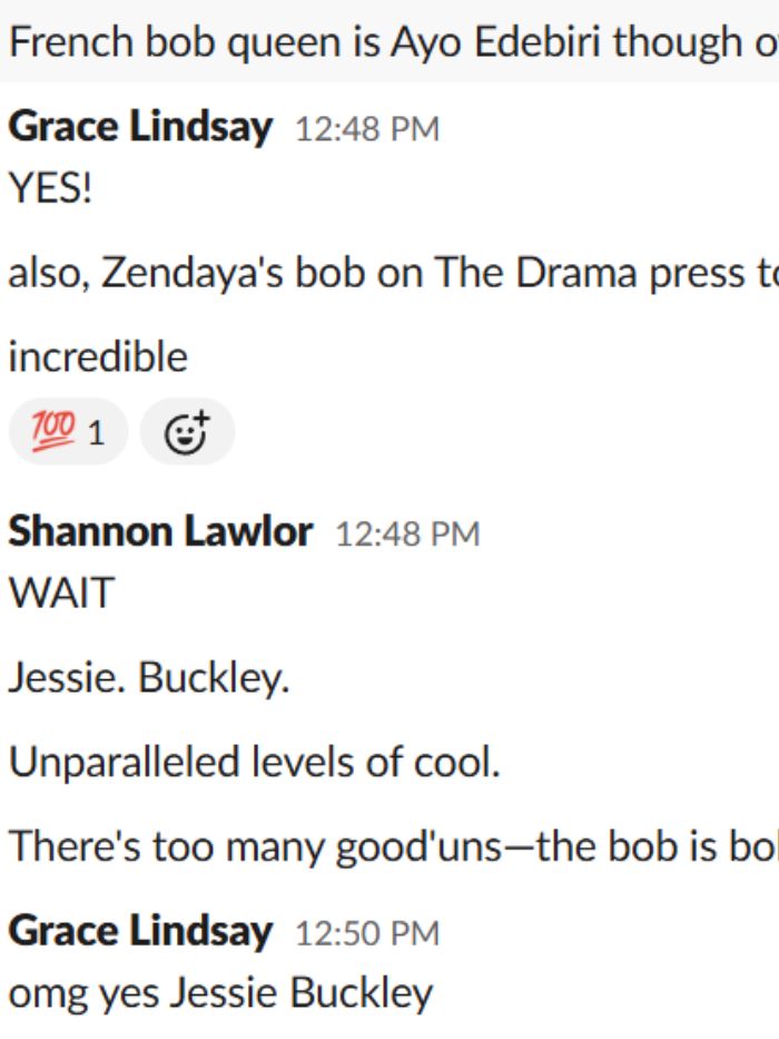 A screenshot from a group chat where the Who What Wear UK beauty team are chatting about the best celebrity bobs