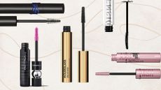 five of the mascaras for short lashes from our guide, hourglass, mac, maybelline, loreal and YSL, pictured on a beige backdrop
