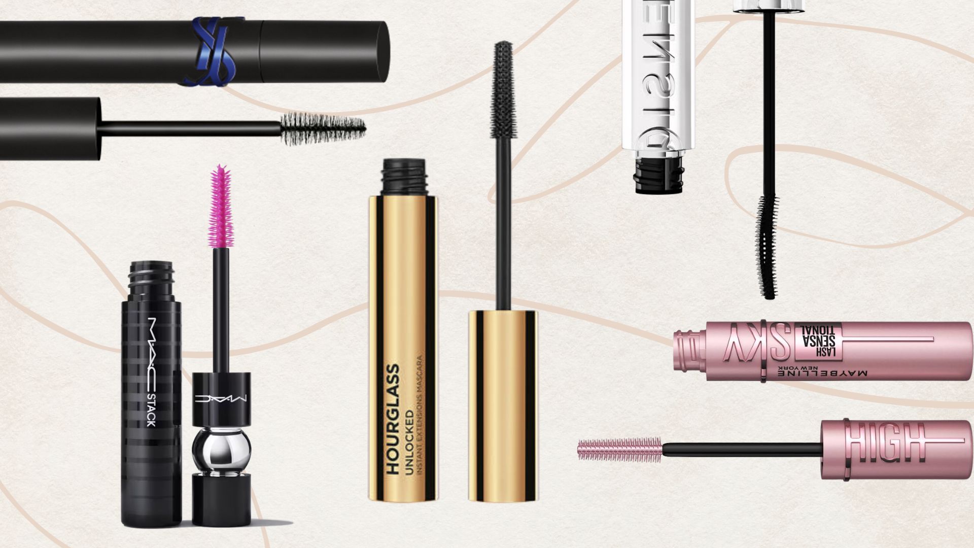 five of the mascaras for short lashes from our guide, hourglass, mac, maybelline, loreal and YSL, pictured on a beige backdrop 