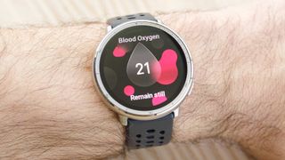 Close-up of the Amazfit Active 2 on a wrist performing a blood ox reading