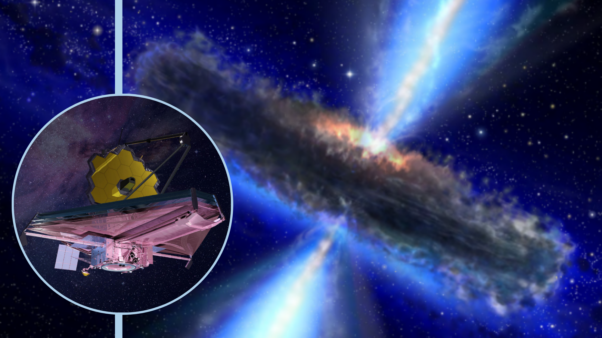 A grayish ring seen edge-on with blue jets shooting out. In an inset, a view of the James Webb Space Telescope.