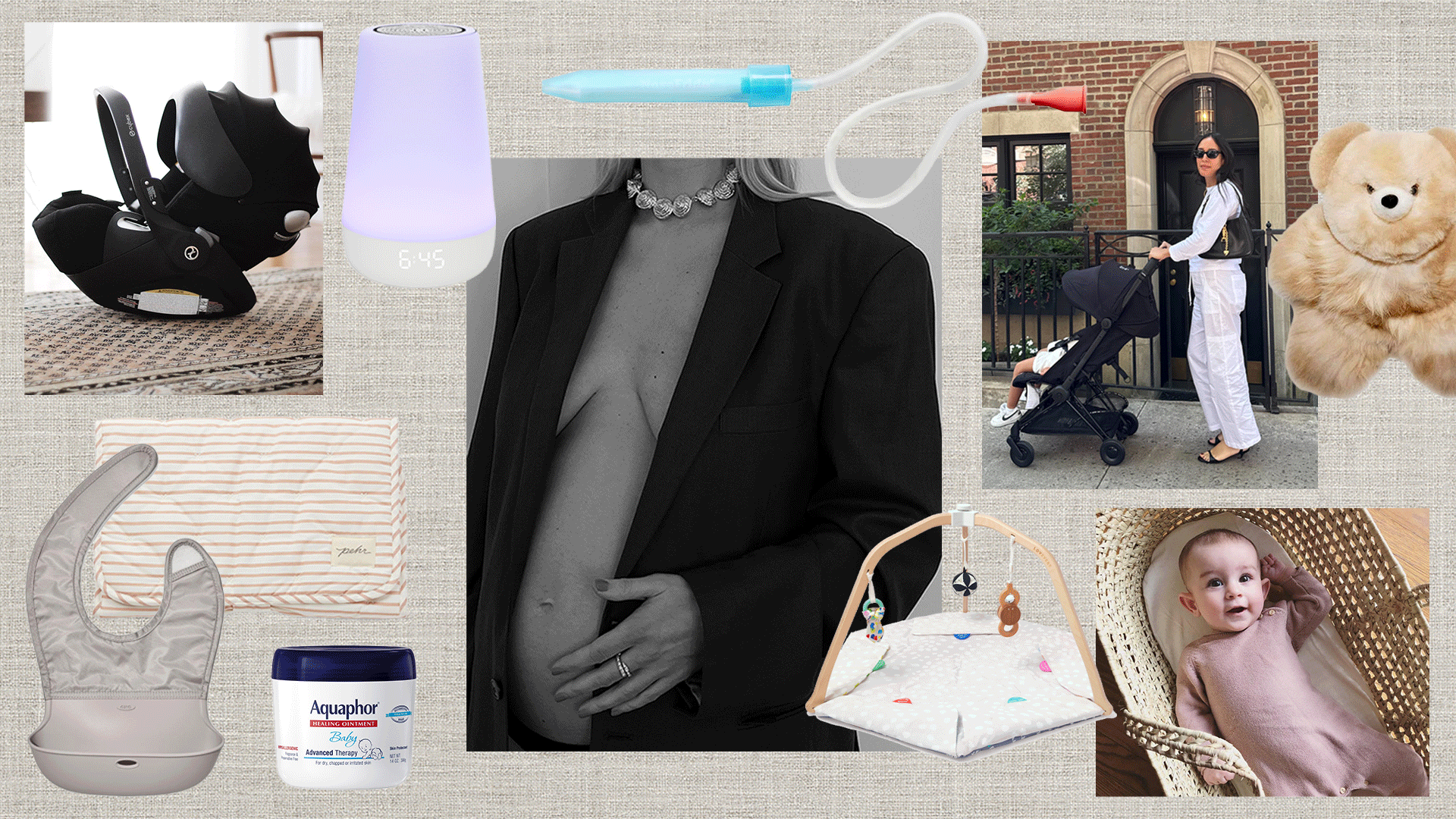 collage of stylish baby registry essentials for 2025 like a Cybex car set, Oxo bib, Pehr changing mat, Aquaphor baby, Lovevery play set, moses basket, alpaca stuffie bear, Frida nose sucker, and Hatch light sound machine, as well as a photo of a pregnant Linda Tol and fashion editor Nicole Akhtarzad Eshaghpour pushing a Cybex stroller