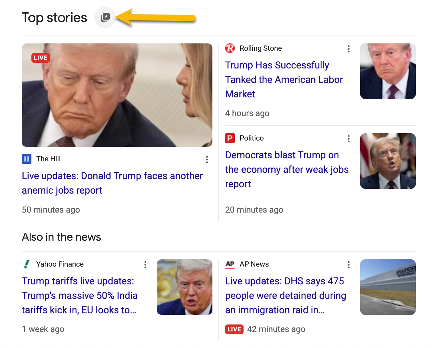 A screenshot from Google showing Top Stories selection.