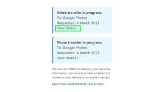 iCloud photo transfer Google Photos status page