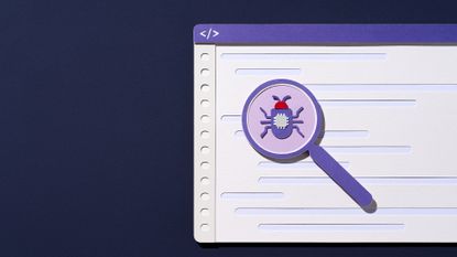 Software vulnerability concept image showing bug highlighted by magnifying glass placed over a computer screen with programming code.