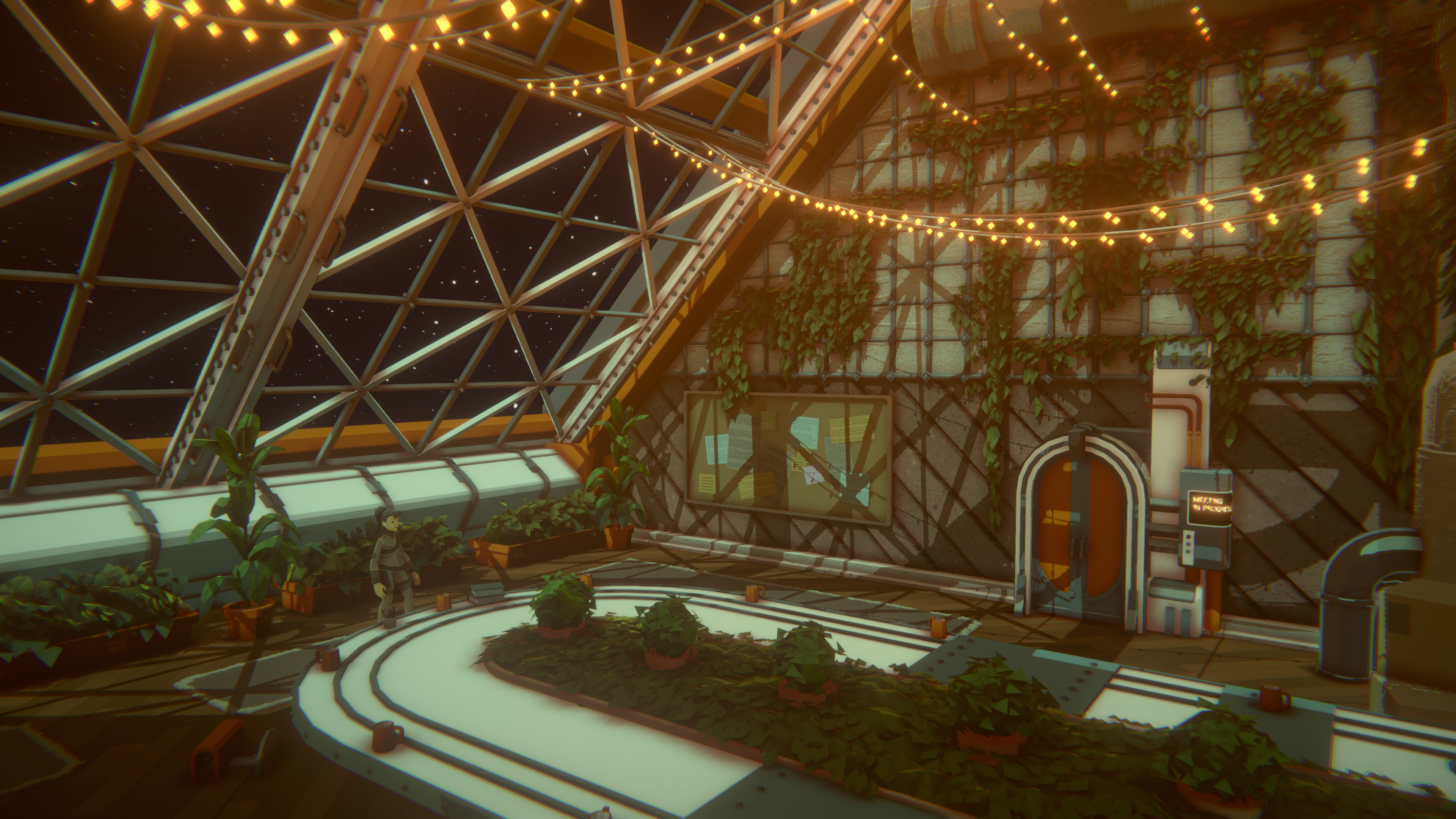 A character tends to a garden with a spacious slanting glass roof in space 