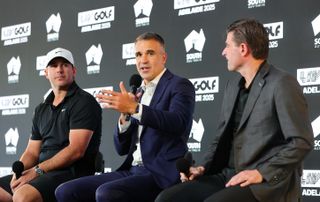 Peter Malinauskas, Premier, South Australia with Scott O'Neil, CEO of LIV Golf and Brooks Koepka during a LIV Golf Adelaide press conference