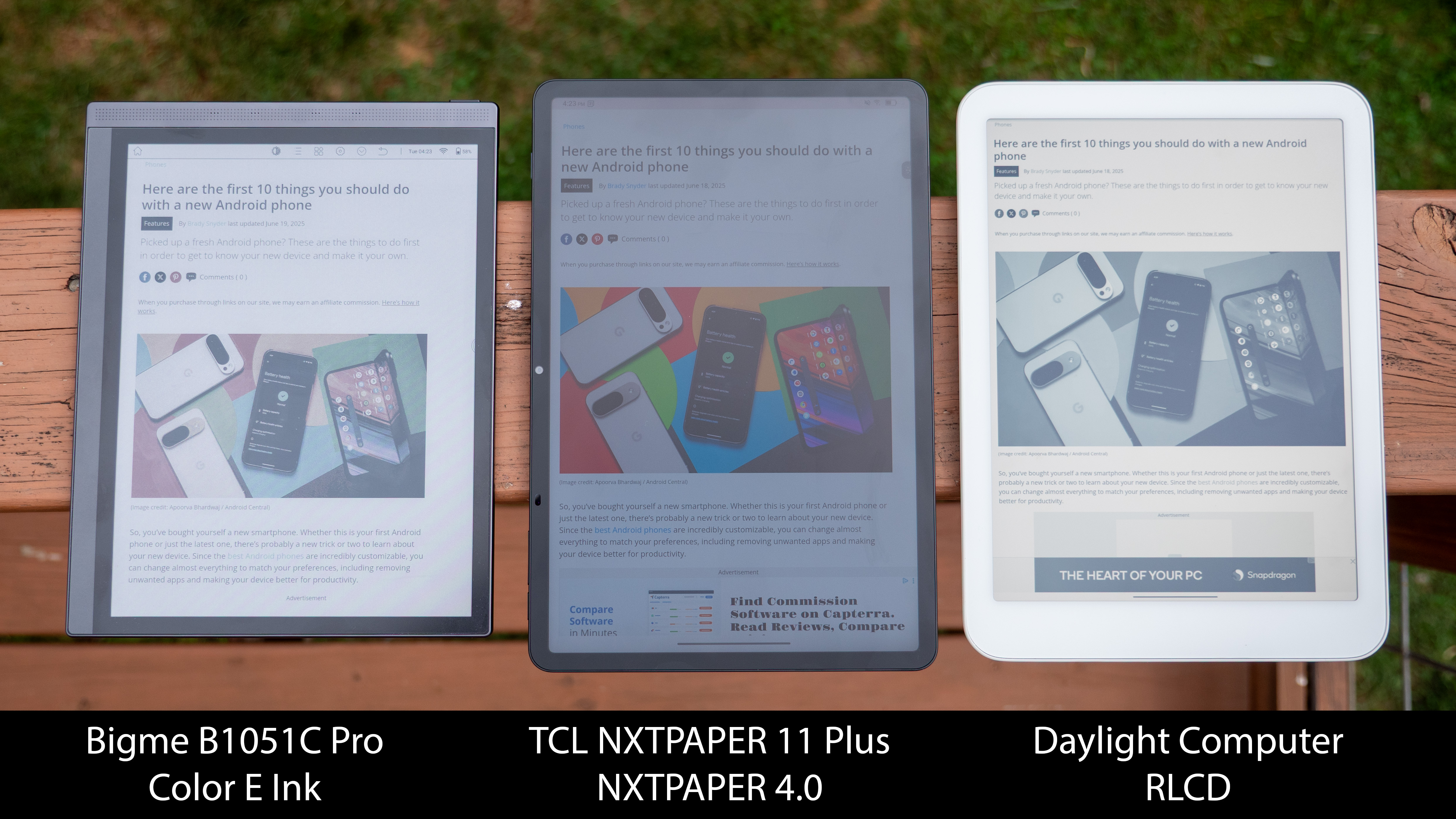 Comparing outdoor viewability between the TCL NXTPAPER 11 Plus, the Bigme B1051C Pro, and the Daylight Computer