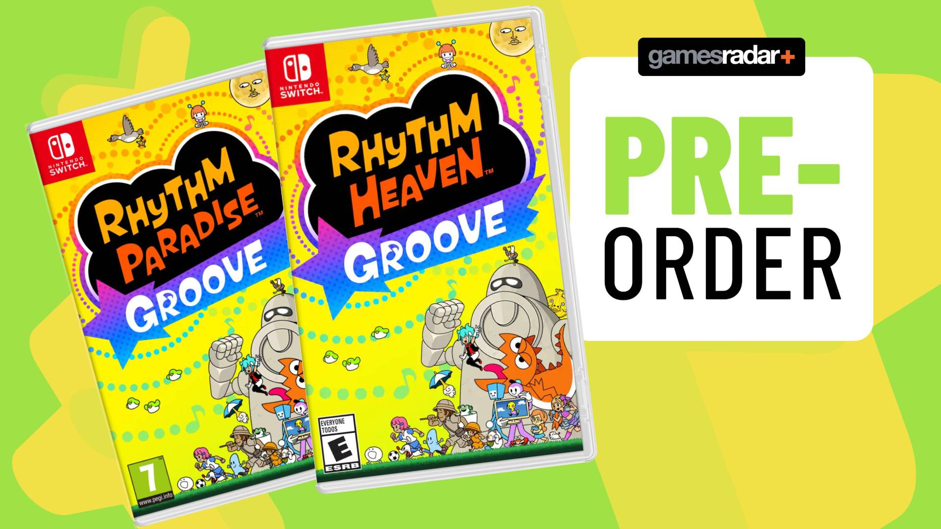 Image of the Rhythm Heaven Groove and Rhythm Paradise Groove Switch game boxes on a light green GamesRadar+ background.