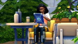 Sims 4's Beth working away on her tablet in eco-lifestyle.