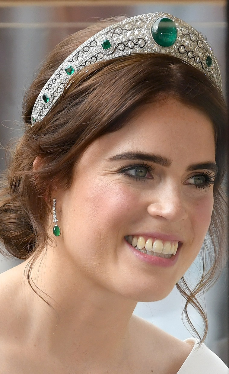 Princess Eugenie wearing an emerald and diamond tiara on her wedding day