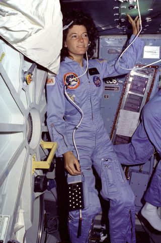 Astronaut Sally Ride on space shuttle Challenger's middeck.