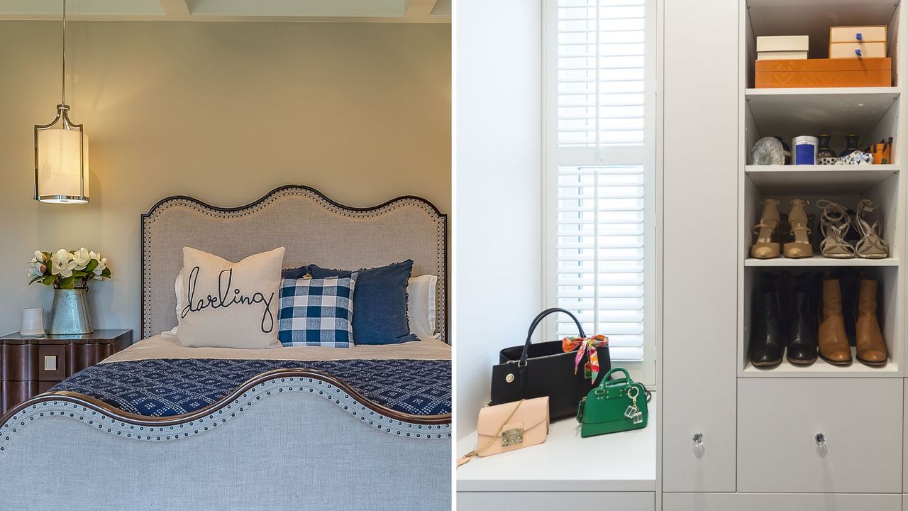 L-R: an image of a bed; an image of shoes in a cupboard 