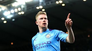 Kevin De Bruyne celebrates scoring a goal for Manchester City against West Ham.