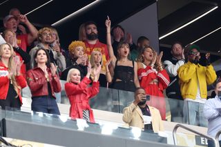 Rapper Ice Spice, Jason Kelce, Singer Taylor Swift and Actress Blake Lively react prior to Super Bowl LVIII.